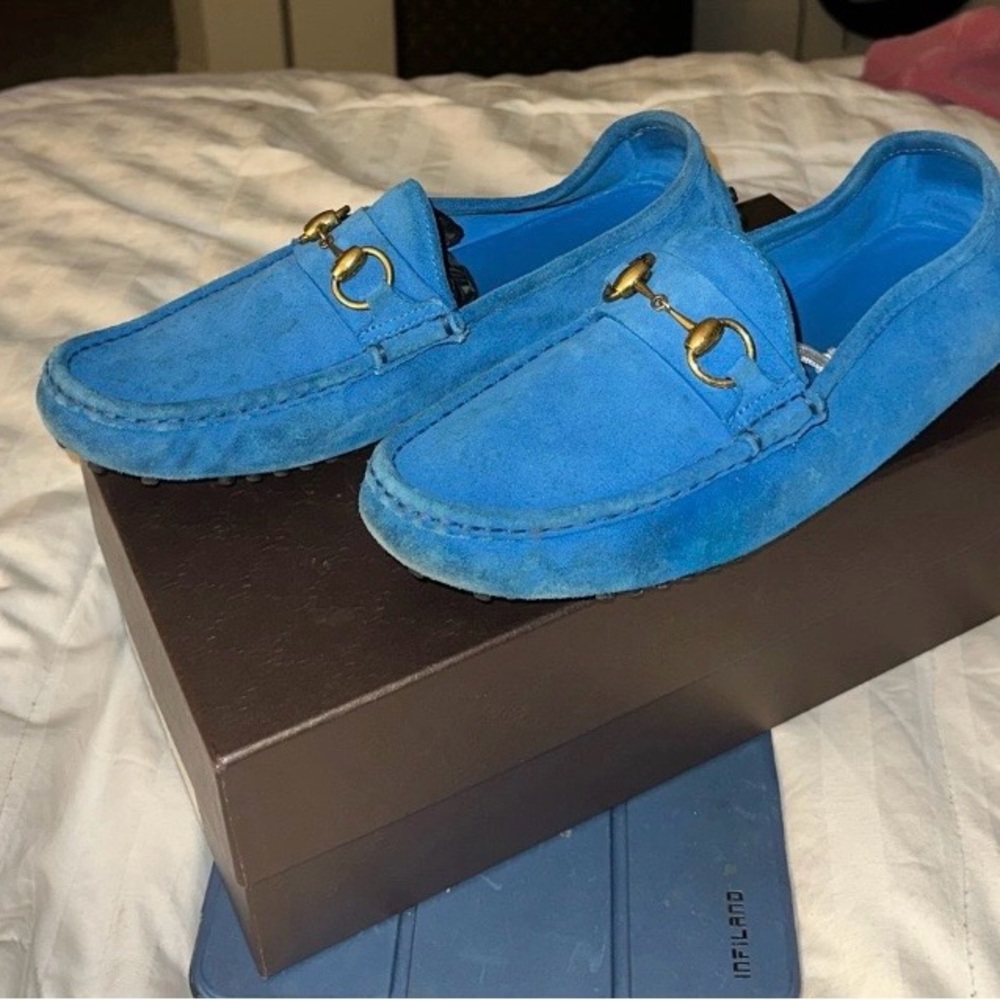 Gucci Blue Suede Loafers with Gold Accent - Picture 3 of 6
